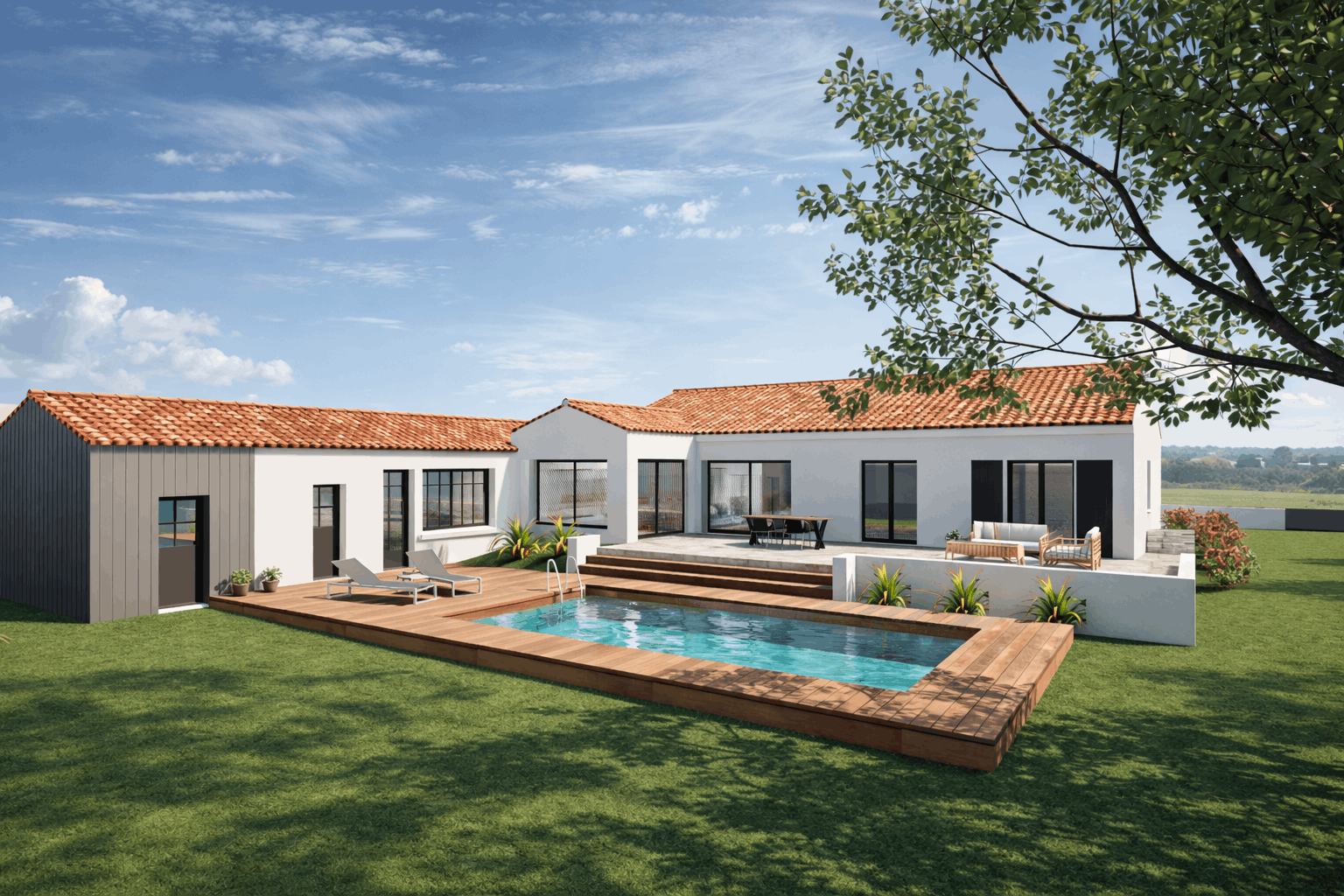 Maison vue extérieur coté jardin avec vue sur la piscine