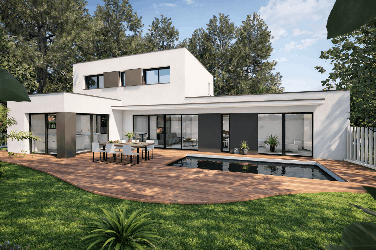 Maison vue extérieur avec vue terrasse et piscine 