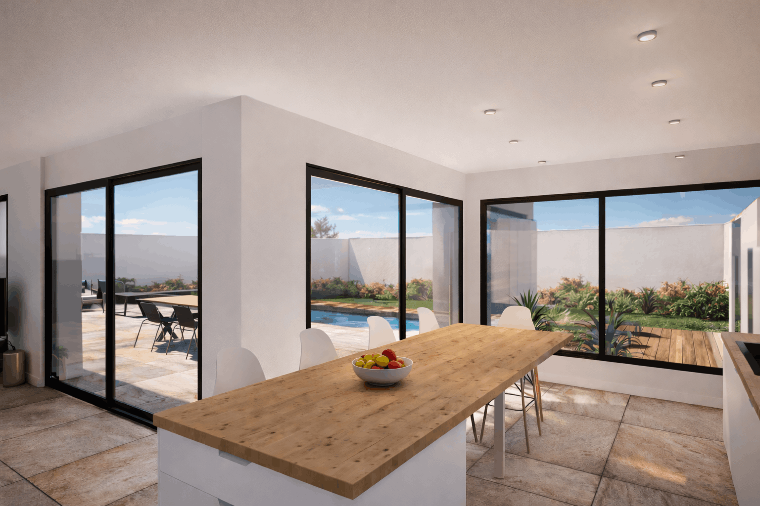 Maison vue intérieur coté cuisine avec vue sur la piscine