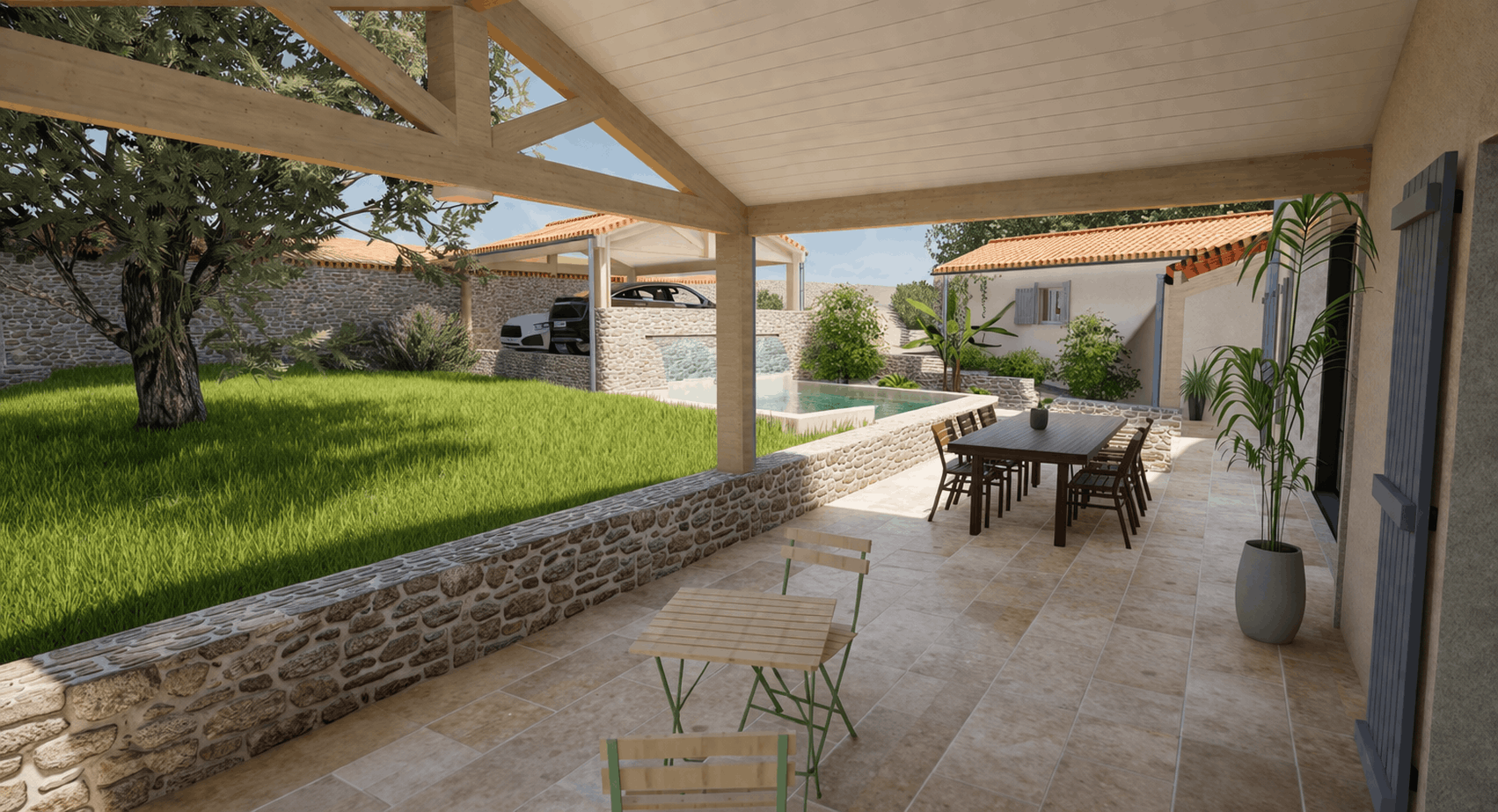 Maison vue extérieur  sous auvent avec vue jardin et piscine a cascade