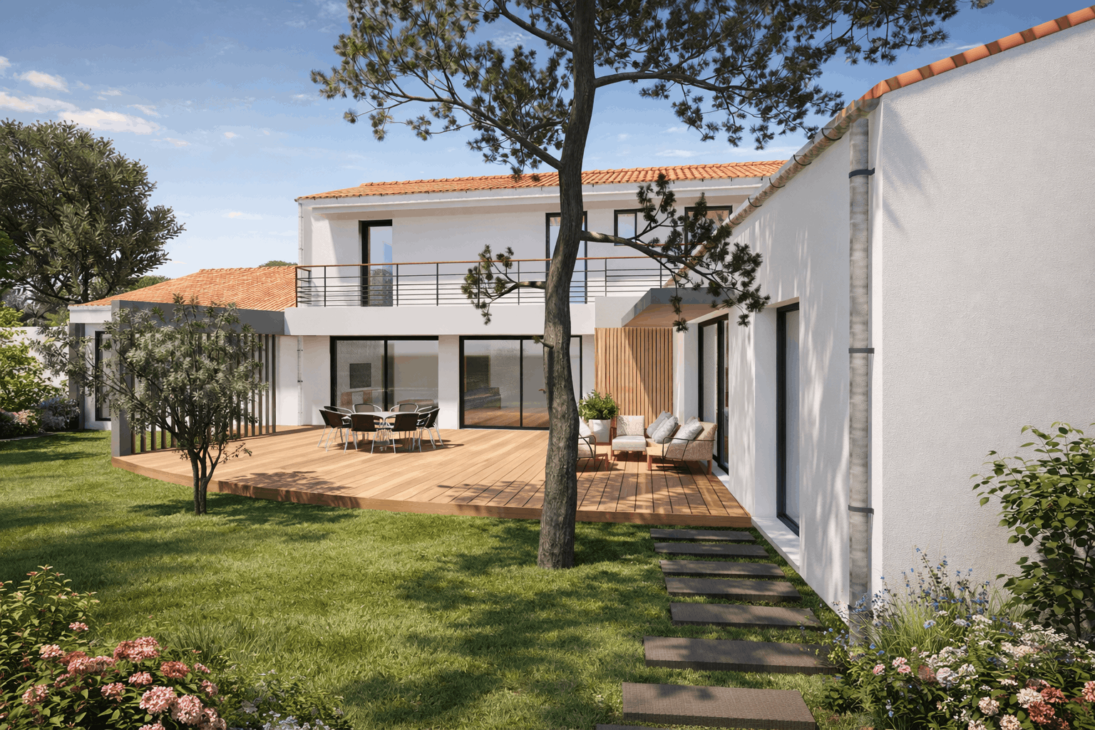 Vue maison extérieur face arrière vue terrasse