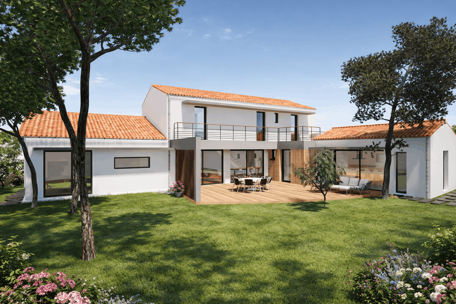 Vue maison extérieur coté jardin vue sur la terrasse